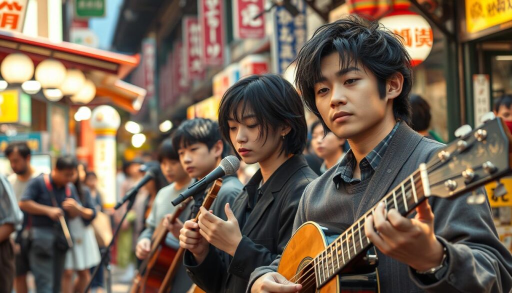 A bustling street market in a vibrant city, with a diverse array of talented street musicians performing live for the crowds. The scene is captured in a crisp, high-resolution photograph with a focus on the musicians themselves. The young Japanese-looking models, with their striking black hair and realistic features, are immersed in their craft, their expressions conveying a sense of passion and focus. The lighting is natural, creating a warm, ambient atmosphere that enhances the energy of the performance. The background is a blend of colorful stalls, lively pedestrians, and architectural details that contribute to the lively, urban setting. The overall composition captures the essence of the "street musician spy" industry, showcasing the talent, dedication, and unique character of the performers within the dynamic market environment.