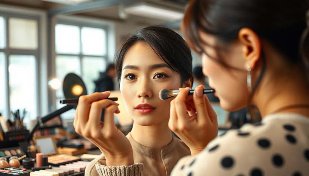 A bustling studio filled with natural light, where a free-lance makeup artist deftly applies cosmetics to a model's face. Soft brushstrokes blend foundation seamlessly, accentuating the model's youthful Japanese features. In the background, an array of makeup tools and products are neatly organized, ready for the artist's skilled touch. The model's gaze is serene, capturing the focus and dedication of the makeup artist at work. Ambient lighting casts a warm, professional atmosphere, as the artist meticulously sculpts the perfect look. This is the daily routine of a free-lance makeup artist, transforming faces with their artistry.