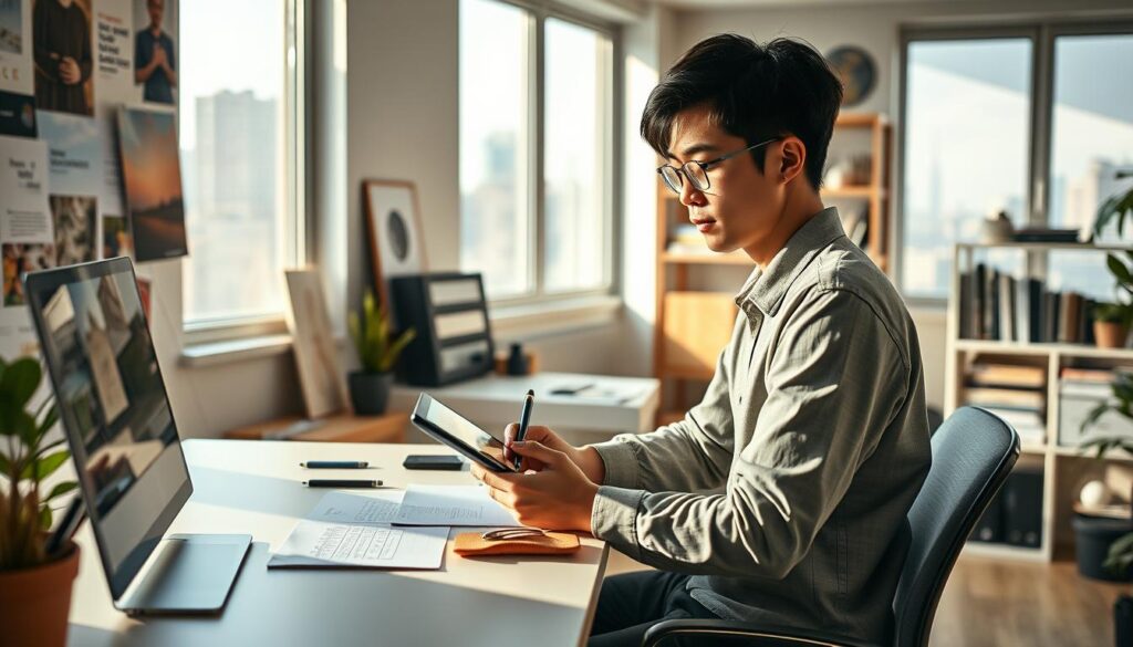 A bustling studio filled with natural light, where a young Japanese-looking freelance graphic designer sits at a sleek, minimalist workstation, intently sketching on a tablet. Surrounding them, a moodboard of inspiring visuals, shelves stocked with design tools, and a window offering a glimpse of the city skyline. The designer's expression is one of focus and determination, embodying the journey of independence and self-discovery. Soft, warm lighting casts gentle shadows, creating an atmospheric and aspirational scene that captures the spirit of breaking free and forging one's own path in the world of graphic design.
