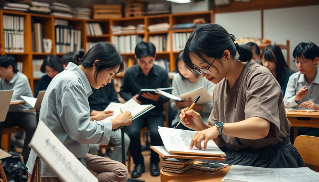 A bustling studio filled with young Japanese musicians, each focused on the delicate art of music notation. In the foreground, a skilled notator hunches over a sheet of paper, her brush dancing across the surface as she captures the intricate melodies and harmonies. In the middle ground, a group of composers collaborate, their faces intense with concentration as they discuss the intricacies of their craft. The background is a warm, inviting space, with shelves of reference materials and the soft glow of task lighting illuminating the scene. The overall mood is one of dedication, creativity, and the enduring demand for the specialized skills of the music notator.