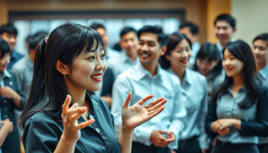 A bustling team of hotel staff, working in seamless coordination, their expressions exuding professionalism and camaraderie. In the foreground, a young Japanese woman in a crisp uniform gestures animatedly, engaging with her colleagues. The middle ground reveals a group of men and women, their body language suggesting open communication and collaborative problem-solving. The background is subtly blurred, focusing the viewer's attention on the central figures and their teamwork. Soft, even lighting illuminates the scene, creating a warm and polished atmosphere. The overall impression is one of a well-oiled machine, where each individual contributes to the smooth operation of the establishment.