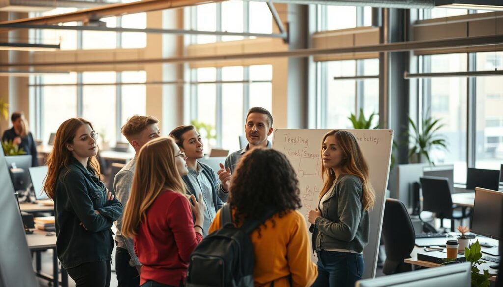 A bustling tech office, bathed in warm, natural light filtering through large windows. In the foreground, a group of young, focused individuals - aspiring engineers - gathered around a whiteboard, mapping out their career paths. Their expressions convey a mix of determination and uncertainty, as they navigate the steps from novice to seasoned professional. In the middle ground, a senior engineer stands among them, gesturing animatedly and offering guidance, their face reflecting years of experience. The background is a blend of modern workstations, sleek devices, and the occasional potted plant, creating a dynamic, inspiring atmosphere for this transformative journey.