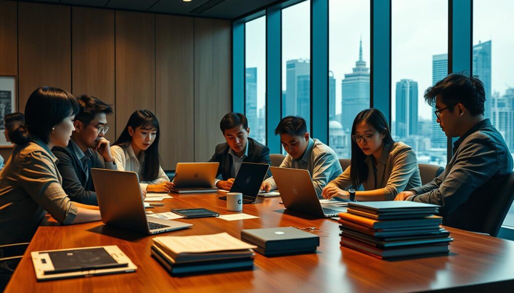 A bustling technocratic office setting, with young Japanese-looking professionals gathered around a large conference table, engaged in intense discussions. Warm, muted lighting casts a pensive atmosphere, as they grapple with complex challenges reflected in their furrowed brows and serious expressions. The foreground is dominated by the table, with sleek laptops and stacks of documents, hinting at the weighty decisions they must navigate. In the background, floor-to-ceiling windows offer a glimpse of a dynamic urban skyline, symbolizing the high-stakes environment in which these technocrats operate. The overall scene conveys the gravity and pressure of the "technocratic challenges" they face in their influential roles.
