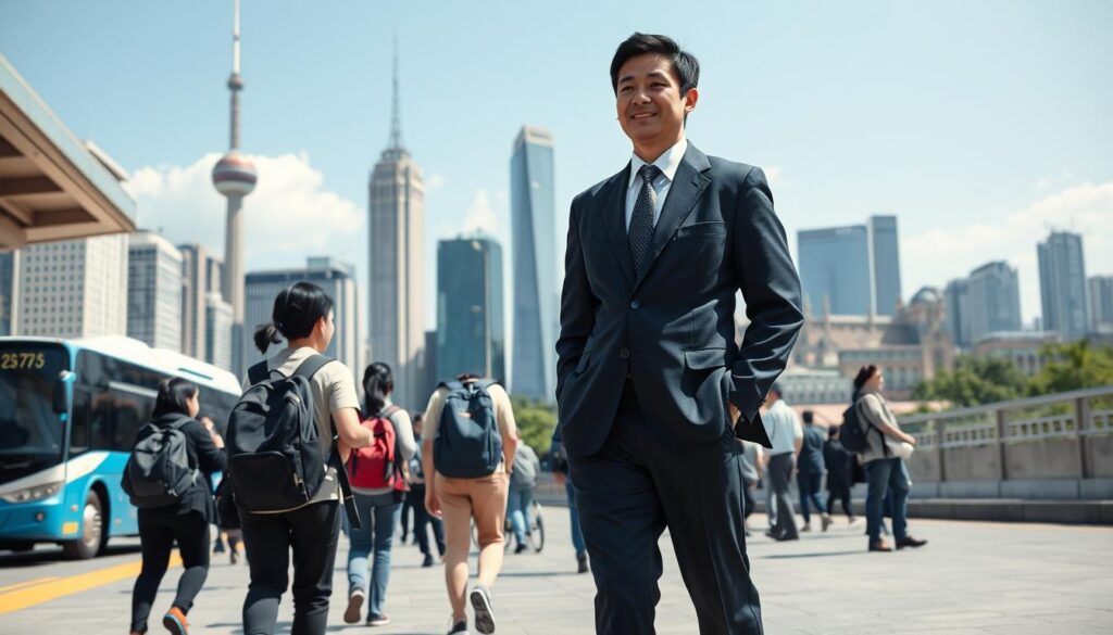 A bustling tour bus station on a sunny day, with a tour conductor in the foreground guiding a group of young Japanese tourists. The conductor stands tall and professional, their uniform crisp and their expression welcoming. The tourists, with backpacks and cameras in hand, follow closely, eager to learn and explore. In the background, a cityscape of modern high-rises and historic landmarks provides a vibrant backdrop. The scene conveys the dynamic and multifaceted nature of a tour conductor's work, balancing organization, communication, and customer service to ensure a memorable experience for all.