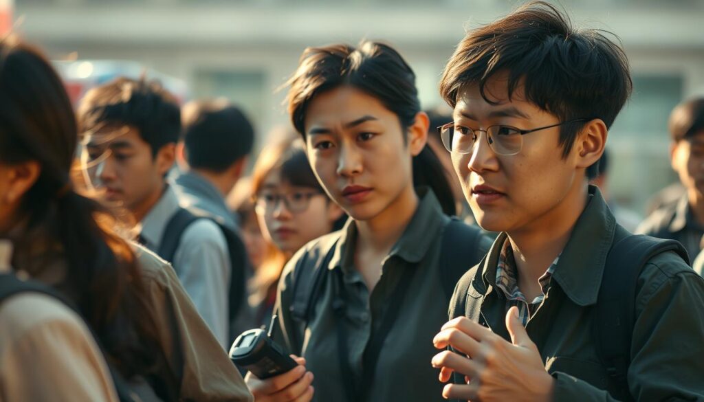 A bustling tour conductor navigating a tense situation, calmly assessing the challenges at hand. Crisp, high-resolution image with a photorealistic aesthetic. Warm, natural lighting illuminates the scene, highlighting the conductor's focused expression and decisive body language as they guide their group through an unexpected obstacle. The background blurs softly, emphasizing the subject's centrality. Subtle details like a radio in hand and a slightly furrowed brow convey the conductor's training and experience in crisis management. The models are young Japanese individuals with realistic facial features, captured in a documentary-style composition that captures the intensity of the moment.