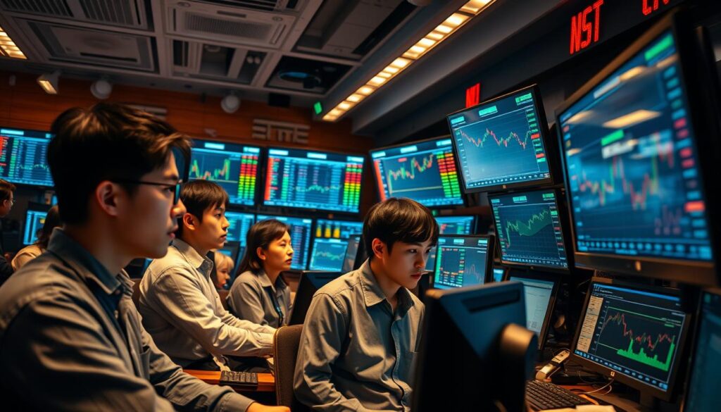 A bustling trading floor with a group of young, focused Japanese-looking individuals intently monitoring multiple screens displaying real-time forex data. The room is bathed in a warm, focused lighting, highlighting the concentration on their faces as they analyze charts, make split-second decisions, and execute trades with precision. The atmosphere is one of intensity, discipline, and a mastery of the complex skills required to succeed as a forex trader.