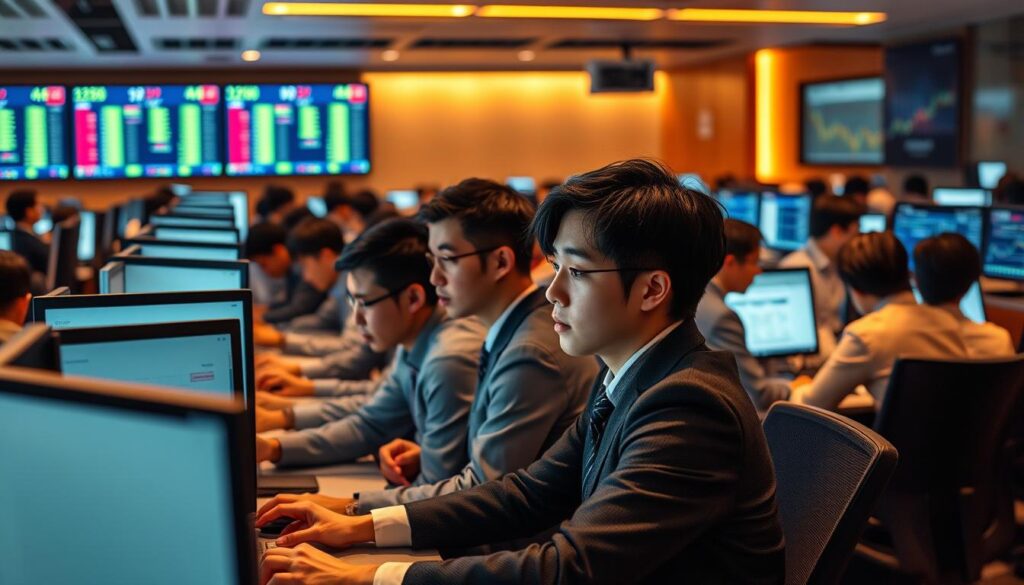 A bustling trading floor with a team of young, Japanese-looking professionals intently focused on their trading screens. Sleek, modern desks and state-of-the-art technology create an atmosphere of high-stakes financial transactions. Warm, directional lighting casts dramatic shadows, emphasizing the intense concentration on their faces as they make split-second decisions. The room has a palpable sense of energy and urgency, reflecting the fast-paced world of foreign exchange trading. This is the successful career of a skilled forex dealer, driven by their sharp instincts, quick reflexes, and mastery of complex market dynamics.