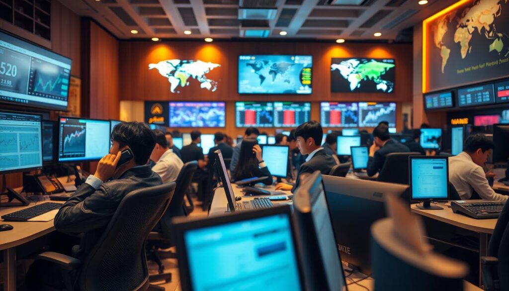 A bustling trading floor with young, focused Japanese-looking traders intently monitoring currency fluctuations on multiple screens. Warm lighting casts a professional atmosphere as they make calculated decisions, phones pressed to their ears, fingers rapidly tapping keyboards. The room is a symphony of activity, with traders collaborating, analyzing data, and executing trades with precision. Sleek desks, modern ergonomic chairs, and a clean, organized layout contribute to an efficient, high-stakes environment. Subtle background details, such as a world map or financial news ticker, further immerse the viewer in the daily life of a foreign exchange dealer.