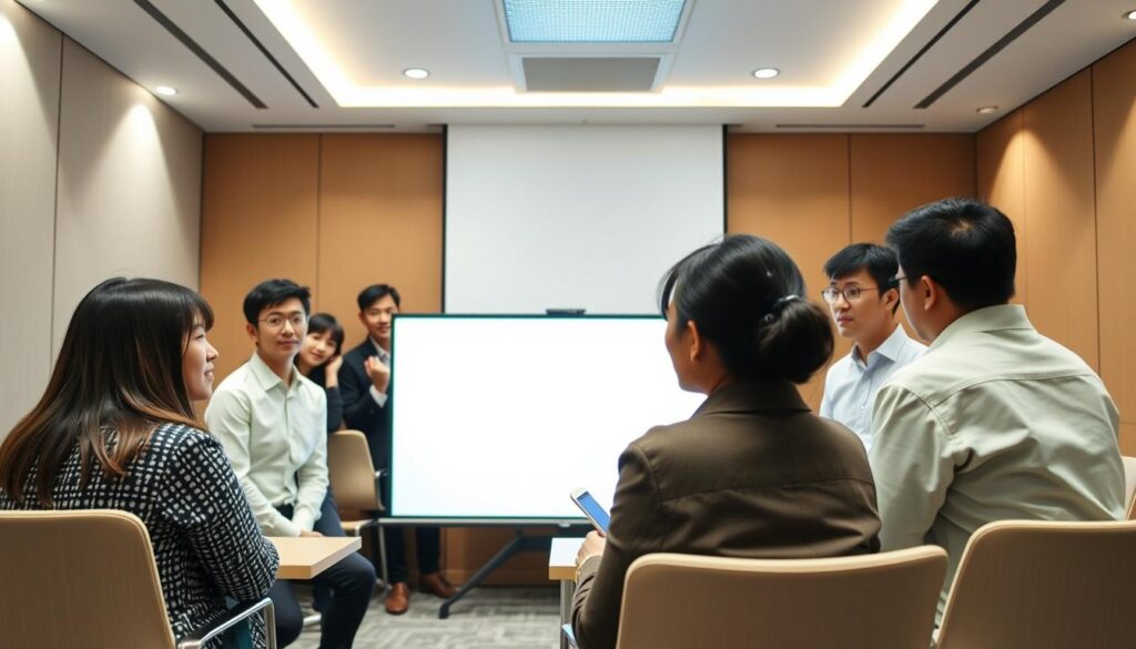 A bustling training session for professional bus guides, held in a modern conference room. The trainees, a diverse group of young Japanese-looking individuals, are intently focused on their lessons, their faces conveying a mix of concentration and enthusiasm. Soft, diffused lighting illuminates the scene, creating a warm, educational atmosphere. The front of the room features a large projection screen, hinting at multimedia presentations and interactive discussions. Sleek, minimalist furniture and clean, neutral tones contribute to an atmosphere of professionalism and attention to detail, reflecting the high standards of the bus guide training program.