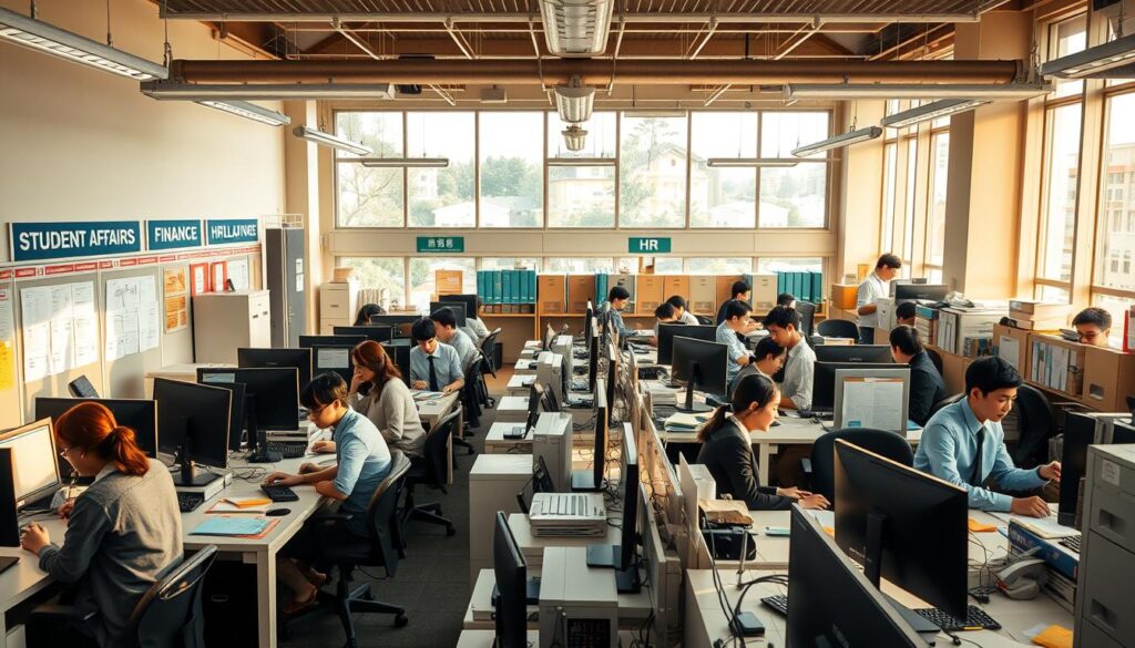 A bustling university administrative office, bathed in warm, natural lighting filtering through large windows. In the foreground, young, professional-looking Japanese staff members diligently work at their desks, some engaged in discussions, others typing on computers. The middle ground showcases various departments, each signified by clear signage - student affairs, finance, HR, and more. In the background, a sense of organization and efficiency pervades, with orderly file cabinets, bulletin boards, and other office equipment. The overall atmosphere conveys a well-oiled, productive environment where the university's essential functions are carried out with care and expertise.