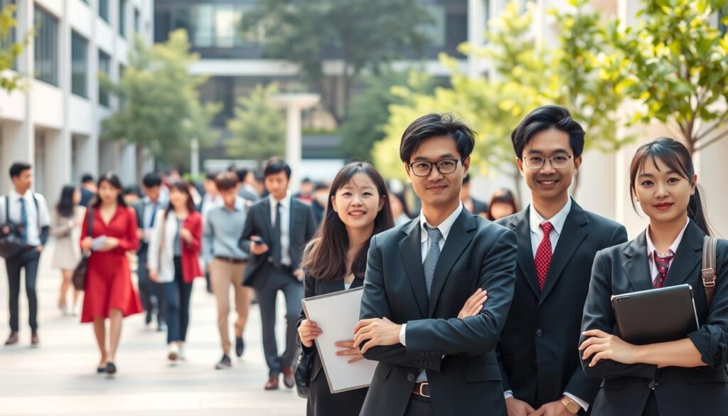A bustling university campus, where a diverse team of dedicated professionals embark on their daily duties. In the foreground, a group of young, neatly-dressed Japanese individuals stand poised, their expressions conveying a sense of diligence and focus. Dressed in formal attire, they represent the various roles within the university administration - from registrars and librarians to IT specialists and financial advisors. The middle ground showcases the vibrant atmosphere, with students and faculty navigating the halls, creating a harmonious blend of academic pursuits. In the background, the university's modern architecture and lush greenery provide a serene and inviting backdrop, reflecting the institution's commitment to both education and employee well-being. Soft, warm lighting illuminates the scene, capturing the essence of a fulfilling career path within the university system.