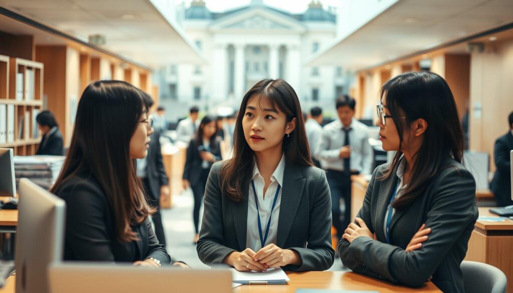 A bustling university office, filled with young Japanese professionals navigating their career paths. In the foreground, a group of three colleagues discuss their options, their expressions thoughtful and determined. Warm lighting casts a natural glow, as they consider the next steps in their journeys, the weight of their decisions palpable. In the middle ground, other staff members move with purpose, immersed in their tasks, while the background offers a glimpse of the institution's grand architecture, hinting at the broader context of their work. This scene captures the essence of the university employee's career transition, a pivotal moment of introspection and opportunity.