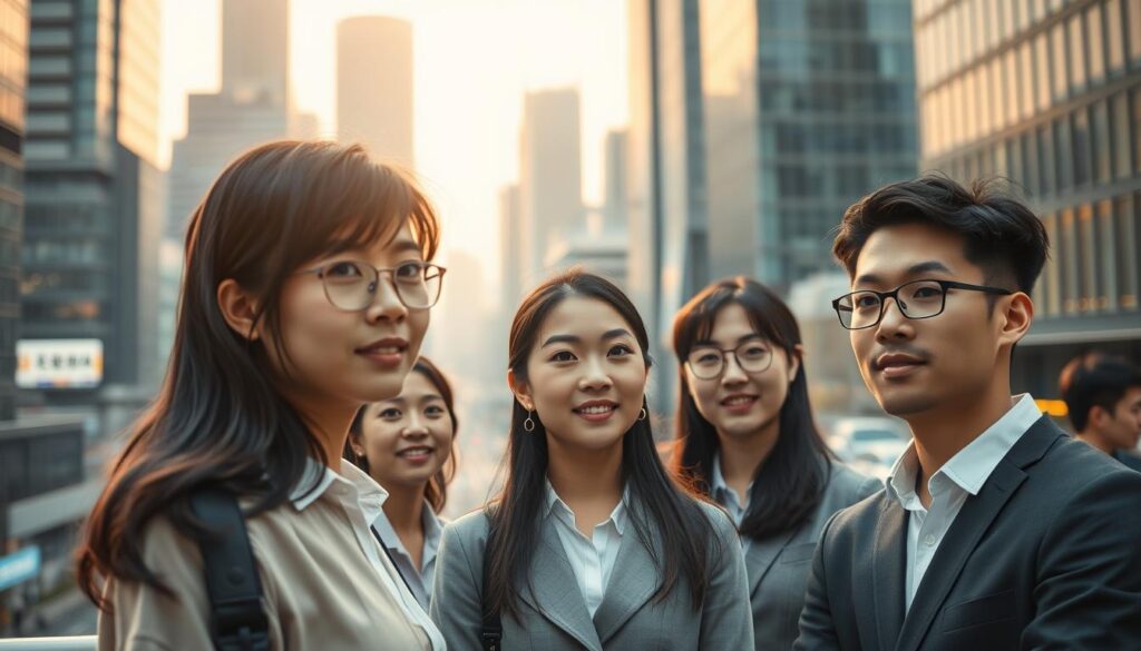 A bustling urban cityscape, its towering skyscrapers and sleek infrastructure hinting at the dynamic future of the technical director profession. In the foreground, a group of young, ambitious Japanese professionals gather, their faces alight with the excitement of new possibilities. They stand poised, their expressions reflecting the confidence and innovation that will shape the industry's evolution. Soft, warm lighting illuminates the scene, capturing the energy and potential that radiates from these visionary individuals. The background blurs, drawing the eye to the central figures and the promise of a thriving, technologically advanced career path that lies ahead.