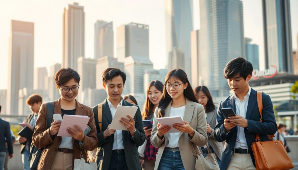 A bustling urban cityscape, with skyscrapers and modern infrastructure in the background. In the foreground, a group of young, Japanese-looking professionals engaged in various fundraising activities - holding clipboards, making phone calls, and interacting with members of the public. The scene conveys a sense of purpose and dynamism, with the fundraisers working diligently to address pressing social issues. Warm, natural lighting illuminates the scene, creating a sense of optimism and possibility. The composition is balanced, with the fundraisers forming the focal point, while the city backdrop provides a contextual setting for their important work.