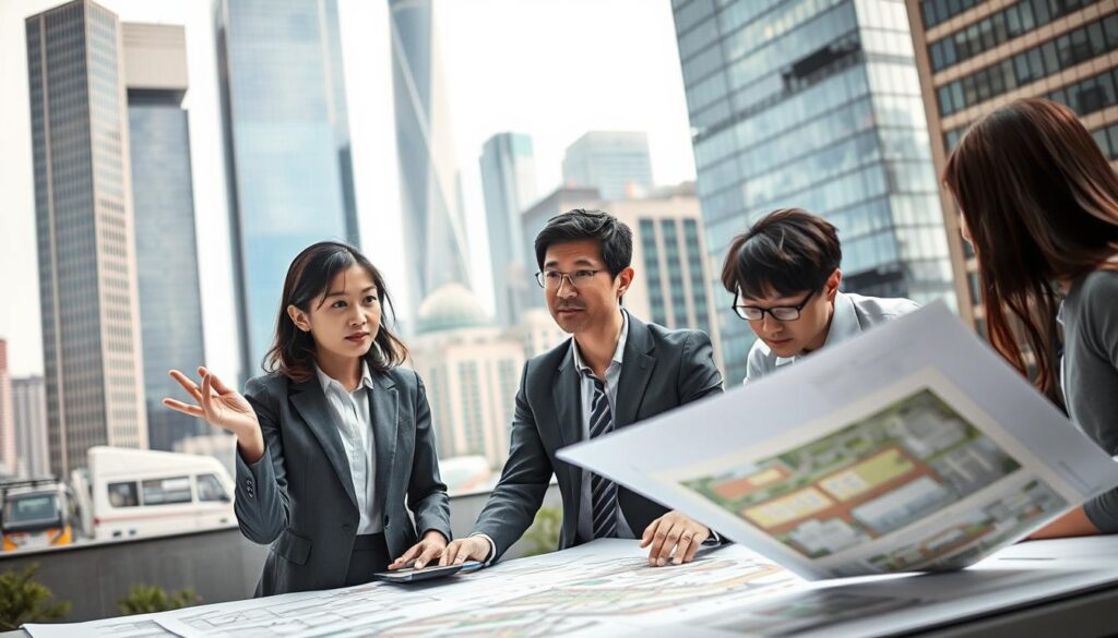A bustling urban landscape, where a team of young, diligent Japanese-looking professionals gathers around a large table, poring over detailed plans and renderings. In the foreground, a woman in a smart business suit gestures animatedly, her eyes alight with enthusiasm as she presents her vision for a comprehensive redevelopment project. Beside her, a male colleague leans forward, his brow furrowed in concentration, offering thoughtful insights. The middle ground is filled with a array of architectural sketches, 3D models, and colorful diagrams, each providing a glimpse into the complex world of urban planning and regeneration. The background is dominated by the towering skyscrapers and sleek modern buildings that define the cityscape, hinting at the grand scale and ambition of the endeavor. Soft, natural lighting bathes the scene, creating a sense of focus and professionalism.