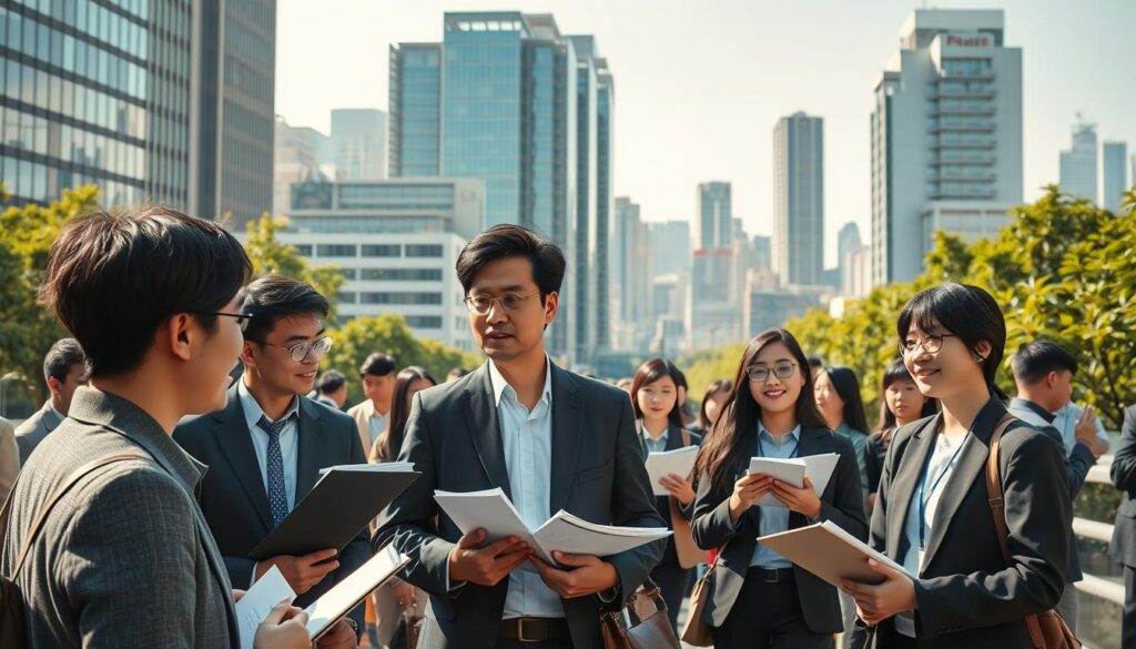 A bustling urban landscape, where young, Japanese-looking professionals in business attire navigate the competitive job market for landscape consulting roles. The scene is bathed in warm, natural lighting, creating a vibrant atmosphere. In the foreground, a group of men and women engage in animated discussions, resumes and portfolios in hand, as they seek new opportunities. The middle ground features towering office buildings and modern infrastructure, hinting at the diverse career possibilities. In the background, lush greenery and a hint of the city skyline add depth and a sense of balance, reflecting the intersection of nature and urban design that defines the landscape consulting industry. The overall mood conveys a dynamic, opportunity-rich environment where ambition, expertise, and innovation converge.