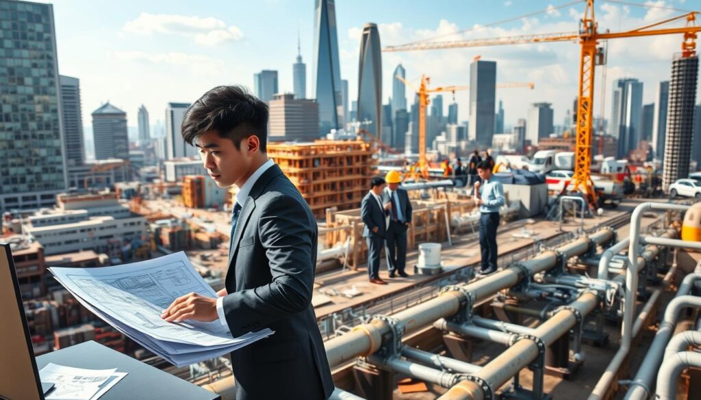 A bustling urban landscape with a focus on the career progression of a water and sewage consultant. In the foreground, a young Japanese professional in a suit stands at a desk, poring over blueprints and schematic diagrams. In the middle ground, a team of colleagues collaborate on a construction site, overseeing the installation of pipes and monitoring water flow. In the background, skyscrapers and infrastructure projects rise up, representing the scope and scale of the consultant's work. The scene is illuminated by warm, natural lighting, conveying a sense of diligence and technical expertise. The overall atmosphere is one of a dynamic, rewarding career path in the water management industry.