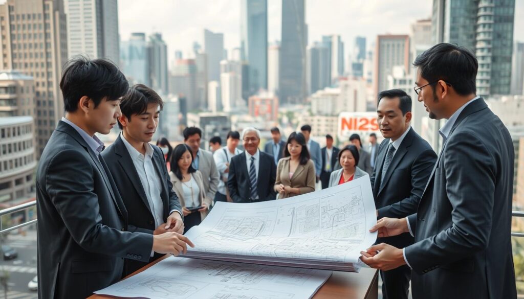 A bustling urban landscape with a team of professional urban planning consultants engaged in a collaborative discussion. In the foreground, three young Japanese-looking individuals in business attire stand around a table, studying detailed maps and architectural plans. The lighting is bright and natural, with a warm, focused atmosphere. In the middle ground, various stakeholders, including city officials and community members, observe the proceedings intently. The background depicts the cityscape beyond - towering skyscrapers, bustling streets, and a sense of progress and development. The consultants' expressions convey a sense of expertise, dedication, and the weight of their responsibilities in shaping the future of the city.