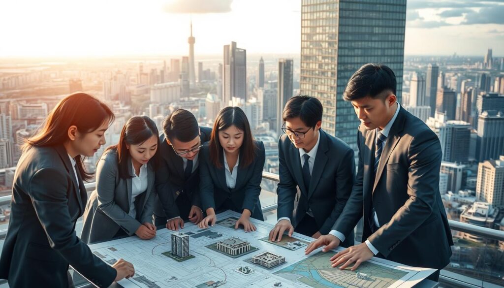 A bustling urban landscape, with a team of professional urban planning consultants meticulously mapping out the intricacies of a city's development. In the foreground, young, Japanese-looking individuals in business attire huddle over a large table, analyzing diagrams and charts. The middle ground features detailed 3D models and architectural renderings, while the background showcases a panoramic view of the cityscape, bathed in warm, natural lighting. The consultants' expressions are focused and determined, conveying the gravity and complexity of their work in shaping the future of the urban environment.