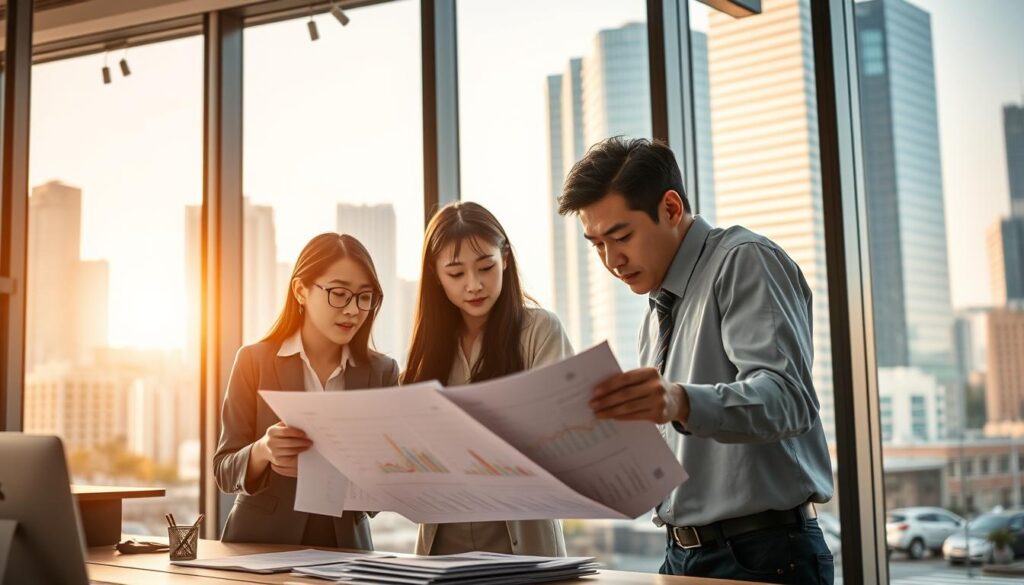 A bustling urban office scene showcasing the dynamic financial planning industry. Three young, professional-looking Japanese individuals gathered around a desk, intently studying charts and documents, their expressions focused and determined. Warm, natural lighting filters through large windows, casting a soft glow on the modern, minimalist workspace. The background features a cityscape of towering skyscrapers, hinting at the broad reach and growth potential of the financial planning field. An atmosphere of productivity, innovation, and optimism pervades the image, reflecting the promising future and strong demand for skilled financial planners in Japan.