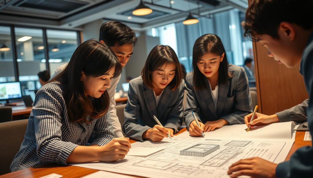 A bustling urban planning office, with a team of young Japanese professionals intently studying blueprints and sketches on the desk. Warm lighting casts a focused glow, as they collaborate on a complex redevelopment project, markers in hand, eyes fixed on the detailed plans before them. The atmosphere is one of intense concentration, as they work to shape the future of the city, meticulously considering every aspect of the plan, from infrastructure to community impact. A sense of purpose and dedication permeates the scene, reflecting the critical role of the redevelopment planner in shaping the urban landscape.