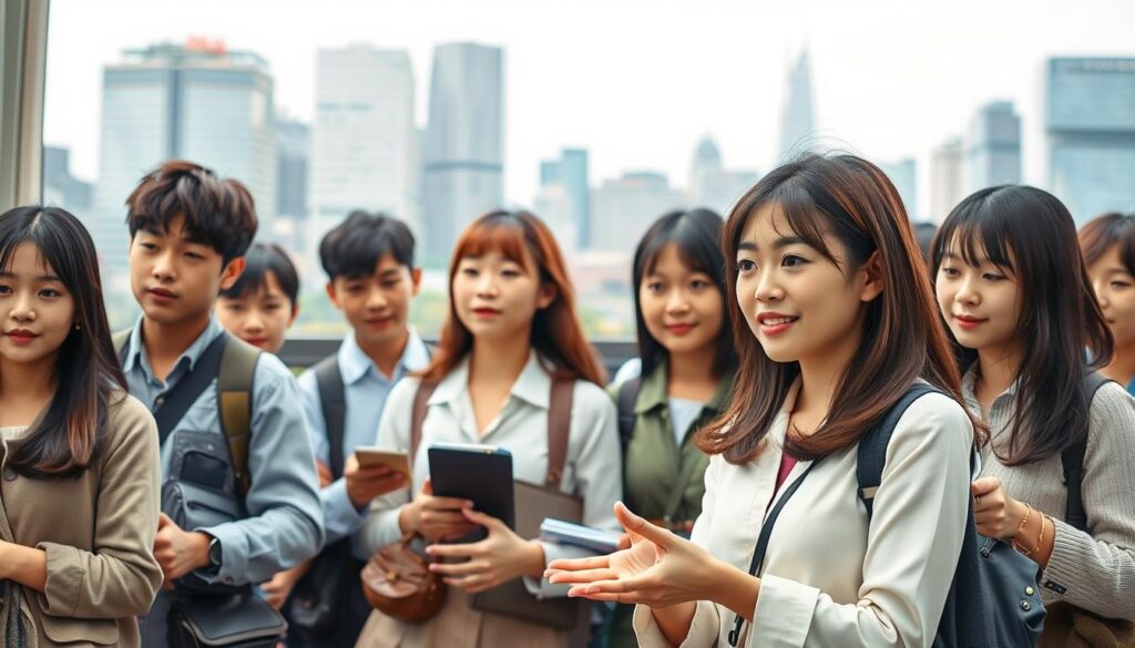 A bustling urban scene with a group of young Japanese individuals possessing distinct facial features, hair, and expressions. They stand in a well-lit, contemporary setting, conveying a sense of professionalism and approachability. The foreground showcases a female guide in a smart, neatly pressed uniform, gesturing with confidence and engaging the group. The middle ground features several attentive passengers, some taking notes, reflecting a range of personalities - from the organized and diligent to the more relaxed and observant. In the background, a meticulously rendered city skyline with modern architecture provides a sophisticated backdrop, emphasizing the urban context of the bus tour. The overall mood is one of competence, attention to detail, and a welcoming atmosphere, capturing the essence of the ideal bus guide and their well-suited personality traits.