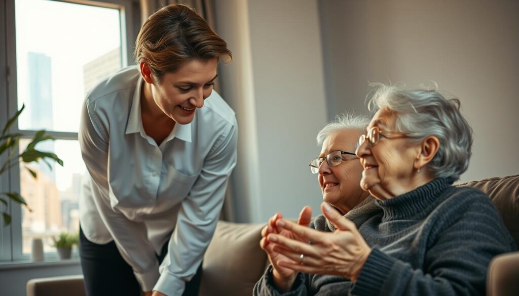 A bustling urban scene, with a middle-aged case worker attentively listening to an elderly woman in a cozy living room. Soft, warm lighting casts a gentle glow, highlighting the compassion and care shared between them. The case worker, dressed in professional attire, leans forward, fully engaged, while the elderly woman, with kind, weathered features, gestures expressively. In the background, a window offers a glimpse of the vibrant city beyond, symbolizing the importance of this social worker's role in supporting the aging population. The composition captures the essence of the case worker's critical function in maintaining the well-being and independence of the elderly in a rapidly graying society.