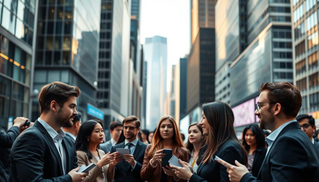 A bustling urban setting, a thriving financial district where young, ambitious fund managers navigate the dynamic job market. A diverse group of professionals, their sharp gazes and poised expressions conveying the intensity of their careers. Sleek, modern office buildings provide a sophisticated backdrop, while the warm lighting casts an air of professionalism and opportunity. In the foreground, individuals engage in animated discussions, exchanging business cards and exploring potential career paths. The scene captures the competitive yet promising nature of the fund manager job market, where talent and determination are the keys to success.