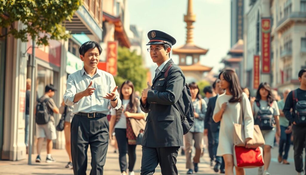 A bustling urban street, the foreground occupied by two figures - a tour guide and a tour conductor. The guide, clad in a smart, collared shirt and slacks, gestures animatedly, guiding a small group of tourists. In contrast, the tour conductor, dressed in a crisp, professional uniform, stands poised, coordinating the flow of the group, a subtle yet commanding presence. Warm, natural lighting bathes the scene, creating a sense of energy and engagement. The background features recognizable landmarks, hinting at the cultural richness of the locale. The models, young Japanese individuals with distinct, realistic features, convey a sense of authenticity and cultural relevance.