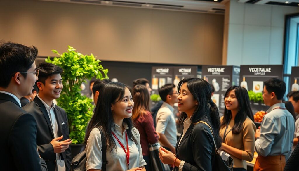 A bustling vegetable sommelier career fair, showcased in a vibrant scene. In the foreground, a group of young, professional-looking Japanese individuals engage in lively discussions, their faces radiating enthusiasm. The middle ground features display booths adorned with verdant foliage and sleek signage, highlighting the various career paths and specializations within the vegetable sommelier industry. In the background, a modern, minimalist setting with clean lines and neutral tones provides a sophisticated backdrop, creating a sense of polished professionalism. Warm, diffused lighting illuminates the scene, casting a welcoming glow and emphasizing the dynamic energy of the event.
