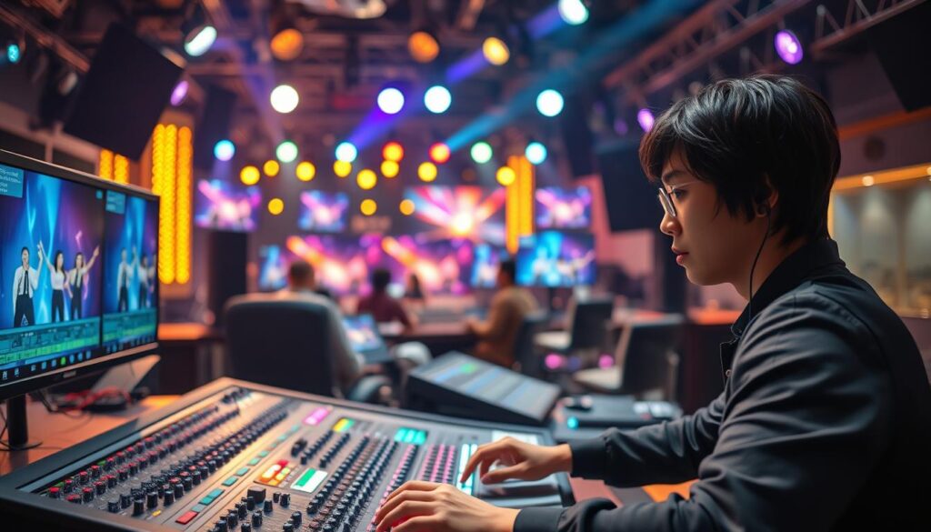 A bustling video jockey's workday unfolds against the backdrop of a modern broadcasting studio. In the foreground, a young, dark-haired Japanese-looking operator deftly manipulates the controls of a professional sound mixing console, their focused gaze fixed on the array of knobs and sliders. In the middle ground, multiple screens display vibrant music videos, meticulously cued and blended to create a seamless audiovisual experience. The background is a kaleidoscope of colorful lighting rigs, casting a warm, energetic glow over the scene. The overall atmosphere is one of dynamic energy, where technology and creative artistry converge to deliver an immersive entertainment experience for the audience.