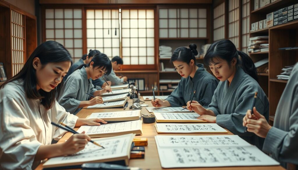 A bustling workroom in a traditional Japanese calligraphy studio, where a team of talented young calligraphers carefully transcribe musical scores. Warm natural light filters through the shoji screens, casting a soft glow on their focused expressions as their brushes glide across the delicate paper. The room is filled with the sound of brushstrokes and the scent of freshly ground ink. In the background, an array of calligraphy tools and reference materials are neatly organized, reflecting the precision and care that goes into each handwritten score. The calligraphers, with their youthful, Asian features, work in harmonious collaboration, their movements fluid and practiced, embodying the artistry and discipline of their craft.