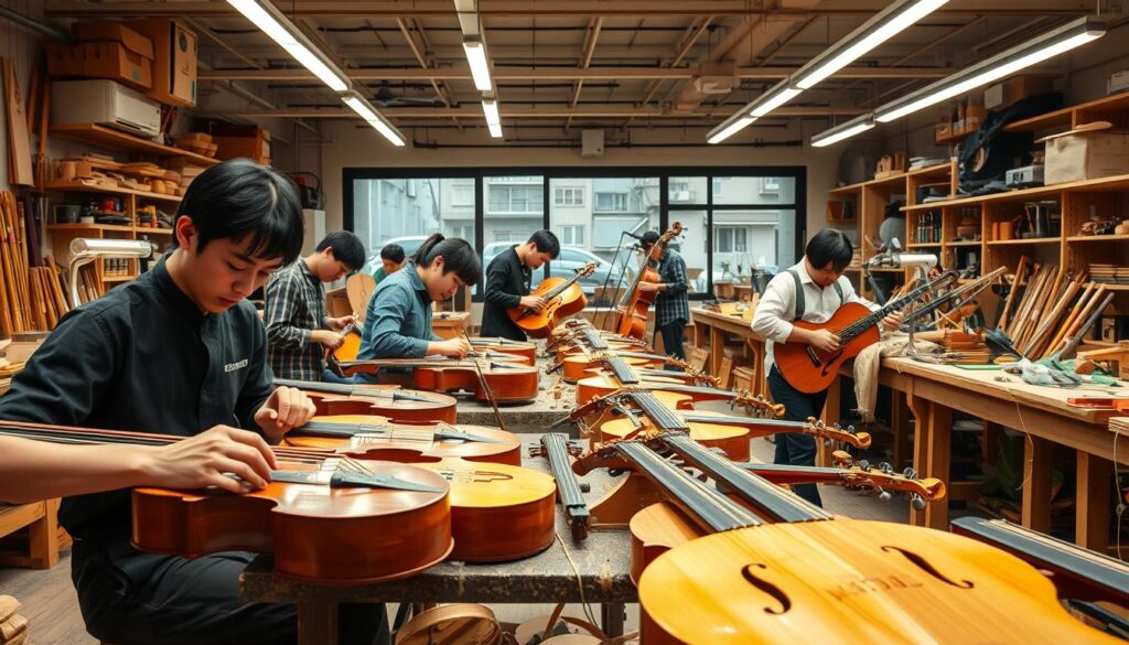 A bustling workshop filled with skilled artisans crafting exquisite musical instruments. In the foreground, a group of young, Japanese-looking individuals meticulously shaping wood, strings, and brass, their faces etched with focus and determination. The middle ground showcases an array of partially completed instruments, each bearing the marks of their maker's passion and expertise. In the background, a modern, well-equipped studio with the latest tools and technologies, hinting at the industry's technological advancements. Soft, warm lighting bathes the scene, creating an atmosphere of tranquility and creativity. The overall mood conveys the promising future of the musical instrument manufacturing industry, with its blend of traditional craftsmanship and innovative techniques.
