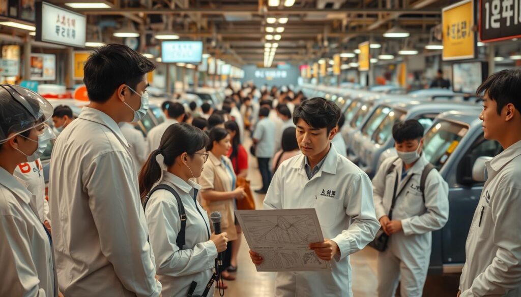 A bustling ペストコントロール market, teeming with young Japanese-looking professionals in crisp white uniforms. The scene is bathed in warm, diffused lighting, creating a sense of efficiency and professionalism. In the foreground, a group of technicians confer over a detailed schematic, discussing the latest advancements in pest control methods. In the middle ground, customers interact with sales representatives, inquiring about specialized services. The background reveals rows of vehicles and equipment, suggesting a well-equipped and comprehensive operation. The overall atmosphere conveys the growing importance of the ペストコントロール industry in modern Japanese society.
