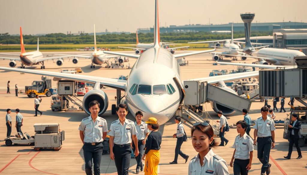 A busy airport apron, bustling with activity. In the foreground, a team of ground crew in crisp uniforms efficiently maneuver around a commercial airliner, loading cargo, refueling, and guiding the pilots. Their movements are coordinated, hands deftly handling equipment with practiced ease. In the middle ground, other ground staff direct aircraft, communicate with the tower, and tend to passenger needs. The background is filled with the roar of jet engines, the rumble of tugs, and the chatter of radios. Bright daylight casts a warm glow, highlighting the youthful, Asian features of the staff as they carry out their essential duties with focus and professionalism.