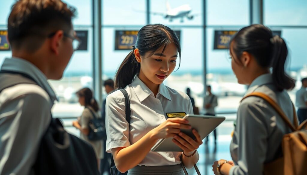 A busy airport lounge, bustling with activity. In the center, a young, professional-looking Japanese flight attendant, dressed in a crisp uniform, efficiently manages her daily schedule. She consults a tablet, coordinating flight arrivals and departures, assisting passengers, and overseeing ground crew operations. The lighting is bright and clean, capturing the precise, methodical nature of her work. The background features a panoramic view of the tarmac, planes taking off and landing in the distance. The overall scene conveys a sense of order, control, and the fast-paced, high-stakes environment of the airline industry.