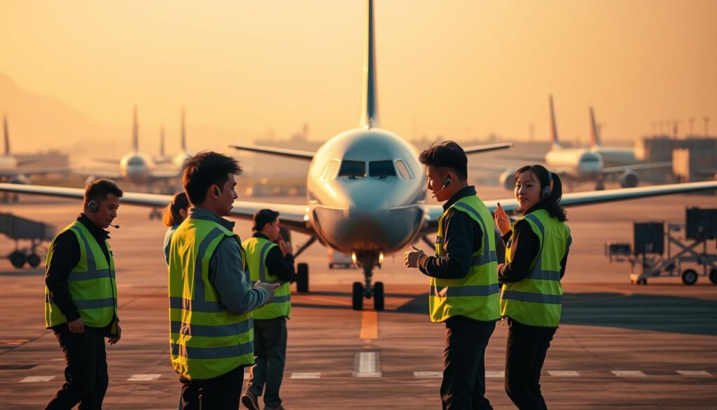 A busy airport tarmac, with several young Japanese-looking ground staff in high-visibility vests and headsets expertly guiding a commercial airliner into its parking position. The scene is bathed in warm, golden evening light, creating long shadows and a sense of hushed activity. The aircraft's engines are powering down, and the ground crew are coordinating their movements with hand signals and radio communications, their faces intent and focused. The background is hazy with the distant silhouettes of other planes, hangars, and airport infrastructure. The overall atmosphere conveys the skilled teamwork and precision required of aircraft marshalling.