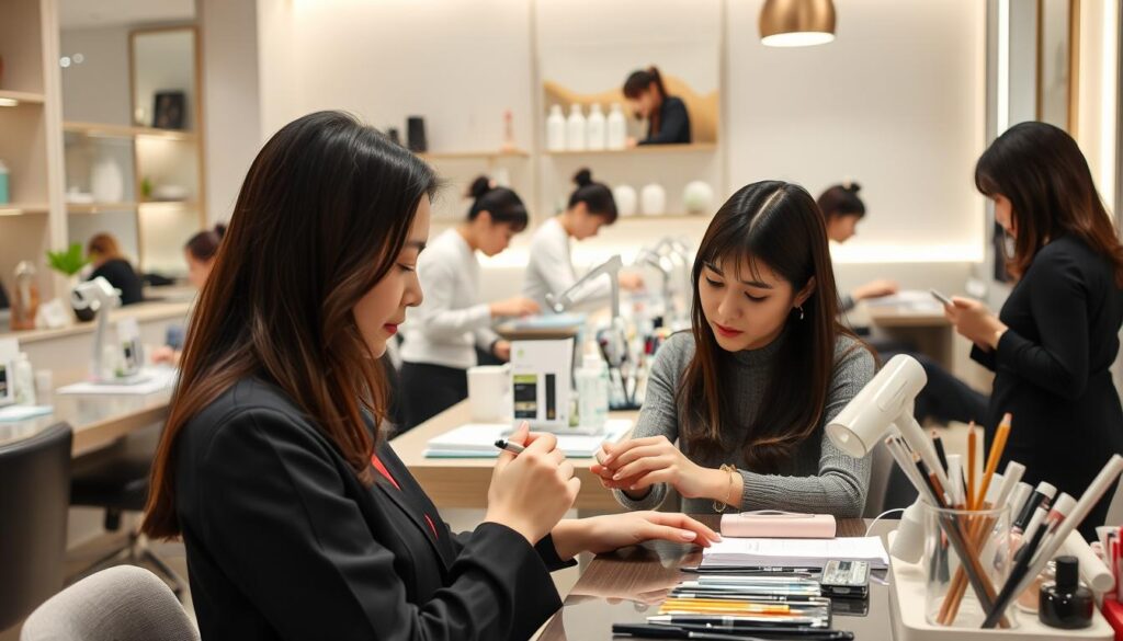 A busy day at the nail salon, with a team of talented young Japanese-looking stylists tending to a steady stream of clients. The foreground features a manicurist carefully applying polish to a customer's nails, their faces caught in a moment of focused attention. In the middle ground, other stylists work diligently, arranging tools and attending to their tasks with precision. The background showcases the salon's elegant decor - soft lighting, minimalist furnishings, and a calming atmosphere that puts the clients at ease. The scene conveys the rhythm and routine of a well-oiled nail salon operation, where professionalism and attention to detail are paramount.
