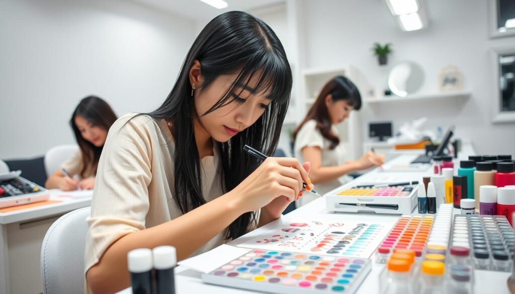 A busy day in the life of a professional nail artist. In a well-lit studio, a young Japanese woman with sleek black hair expertly paints intricate designs on a client's nails. Nearby, another client waits patiently as the artist carefully selects an array of vibrant polishes. The space is clean and modern, with bright lighting and minimalist decor, creating a calming atmosphere for the meticulous work. The nail artist moves with precision and focus, her steady hands and keen eye transforming each nail into a miniature work of art. The scene captures the skill, dedication, and artistry required to excel in this specialized field.