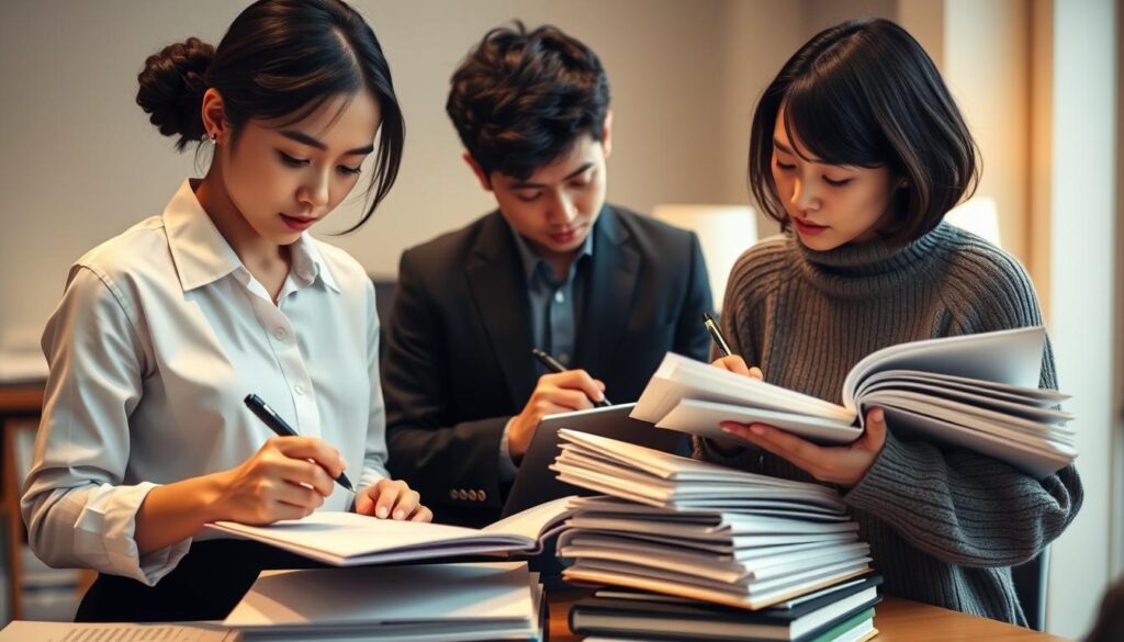 A busy editorial office, with three editors meticulously reviewing documents. The first, wearing a crisp white shirt, diligently marks up a manuscript, her brow furrowed in concentration. The second, in a navy blazer, types furiously on a laptop, cross-checking references. The third, in a casual sweater, pores over a thick stack of pages, a pen poised to make corrections. Soft, warm lighting illuminates the scene, creating a contemplative atmosphere. The editors' faces are youthful and Japanese in appearance, reflecting the realities of this profession. An intricate dance of collaboration and attention to detail unfolds, capturing the essence of the editorial process.