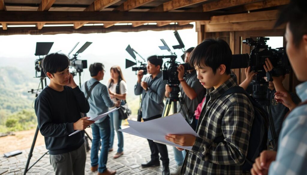 A busy film crew bustles about a location scout, carefully planning the scene. In the foreground, a young Japanese assistant director examines the layout, clipboard in hand, while behind them the lighting team adjusts reflectors and cameras. The middleground features a group of crew members discussing shot angles and framing, their expressions focused and intent. In the background, a stunning natural landscape provides the backdrop, hinting at the picturesque setting the film will capture. Soft, diffused lighting bathes the scene, creating a sense of calm amidst the organized chaos. The overall mood is one of productive anticipation, as the team prepares to bring their cinematic vision to life.