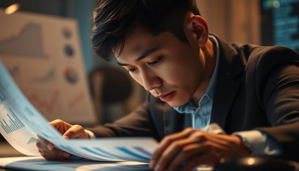A busy fund manager reviewing financial reports and charts, their brow furrowed in deep concentration. The scene is bathed in warm, soft lighting, creating an atmosphere of intensity and focus. In the foreground, the manager's hands rest on the desk, fingers drumming nervously as they weigh the risks and challenges of their profession. The background is hazy, blurred, conveying a sense of the complexity and uncertainty that fund managers must navigate. The subject's facial features are youthful and Asian in appearance, reflecting the prompt's guidance. The overall mood is one of thoughtful contemplation, capturing the essence of the "Risks and Challenges" faced by fund managers.