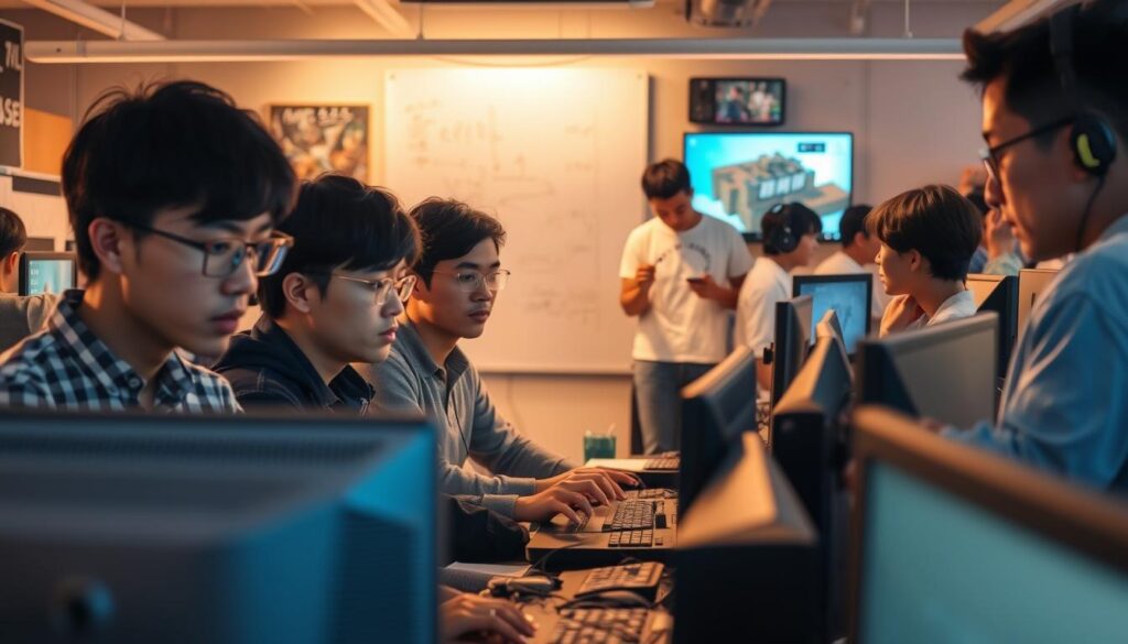 A busy game development studio filled with a team of young, talented Japanese-looking developers. In the foreground, a group of programmers intently focused on their computer screens, the soft glow of monitors illuminating their faces. In the middle ground, designers sketch out ideas on whiteboards, their brows furrowed in concentration. In the background, artists work on digital canvases, the sounds of keyboard taps and mouse clicks filling the air. Warm lighting casts a productive atmosphere, as the team collaborates to bring their creative vision to life. The scene exudes a sense of dedication, innovation, and the camaraderie of the game development process.