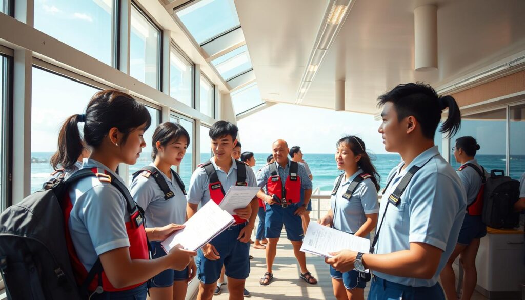 A busy lifeguard station on a scenic beach, with a group of young, athletic Japanese-looking lifeguards in their uniforms. The station has a sleek, modern design with large windows overlooking the ocean. The lifeguards are engaged in various activities, some monitoring the beach, others reviewing paperwork or training. The lighting is bright and natural, creating a sense of energy and professionalism. The overall scene conveys the intricate salary system and responsibilities of these skilled water rescue professionals.