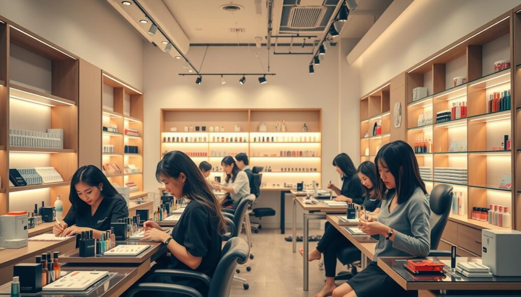 A busy, modern nail salon with a serene, minimalist aesthetic. The foreground features a group of young, attractive Japanese-looking nail artists intently focused on their craft, their nimble fingers deftly applying nail polish and embellishments to a customer's hands. The middle ground showcases an array of nail art designs, tools, and products neatly displayed on sleek, contemporary shelves. The background depicts a minimalist, well-lit space with clean lines, natural wood accents, and muted color tones, creating a calming, professional ambiance. Warm, diffused lighting highlights the skilled techniques of the nail artists, capturing the high demand and growing popularity of the nail art industry in Japan.
