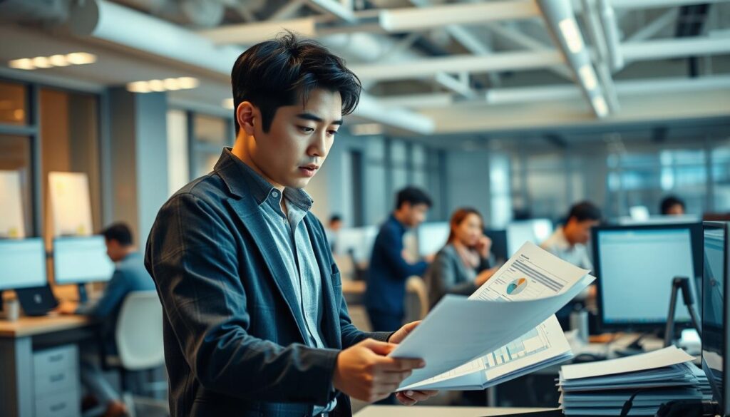 A busy office setting, with a young Japanese-looking professional standing at a desk, intently reviewing documents and spreadsheets. The lighting is warm and natural, casting a soft glow on the scene. In the background, colleagues collaborate at adjacent workstations, engaged in discussion. The atmosphere is one of focused productivity, with a sense of teamwork and problem-solving. The subject's expression conveys a mixture of concentration and determination, as they navigate the daily challenges and strategic decisions that define the role of a buyer in a dynamic business environment.