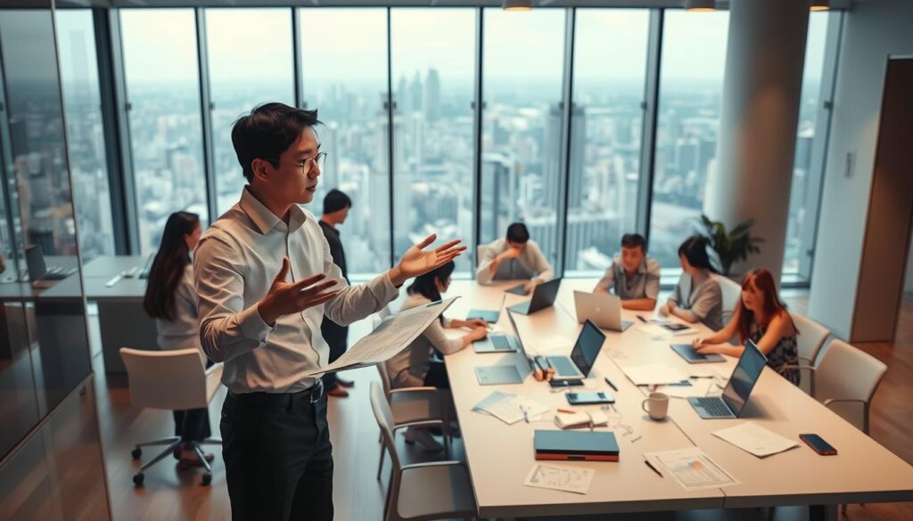 A busy open-plan office with sleek, minimalist decor. In the foreground, a young Japanese-looking project manager in a crisp white shirt and dark slacks gestures animatedly while discussing plans with their team. The middle ground shows colleagues gathered around a large conference table, laptops open and papers strewn about, deep in discussion. In the background, floor-to-ceiling windows provide a panoramic view of a bustling cityscape. The lighting is warm and diffused, creating a focused, professional atmosphere. The composition is balanced, capturing the collaborative, dynamic nature of the project manager's work.