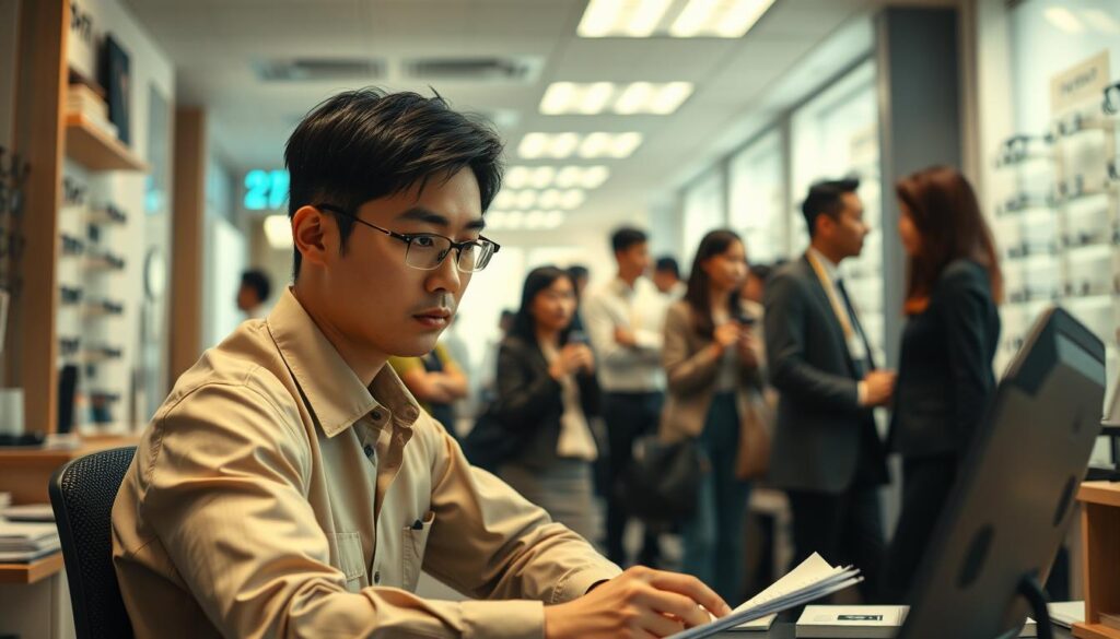 A busy optometrist's office, filled with the hustle and bustle of eye examinations. In the foreground, a young Japanese-looking optometrist sits at their desk, brow furrowed in concentration as they review patient files. The lighting is a warm, soft glow, creating a calming atmosphere despite the evident stress. In the middle ground, patients wait patiently, some looking anxious, others browsing through eyeglass frames. The background is a blur of activity, with other optometrists and staff members moving briskly, attending to the needs of their clients. The overall mood conveys the challenges of managing the demands and pressures of the optometry profession, while the protagonists maintain a professional demeanor in the face of workplace stress.