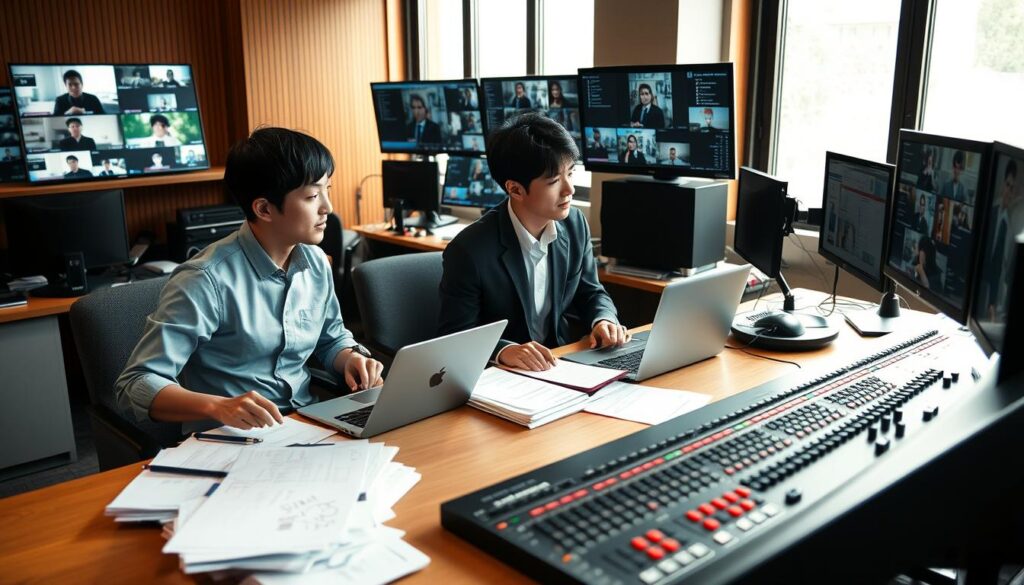 A busy technical director's office, bathed in warm, natural lighting from large windows. On the desk, a laptop and notepad sit amid piles of paperwork, while a tactile interface control panel stands ready for live production tasks. Three young Japanese professionals, dressed in casual business attire, collaborate intensely, faces focused as they review footage on multiple monitors. The room's atmosphere is one of quiet concentration, punctuated by occasional gestures and murmured discussions as they tackle the daily challenges of television production.