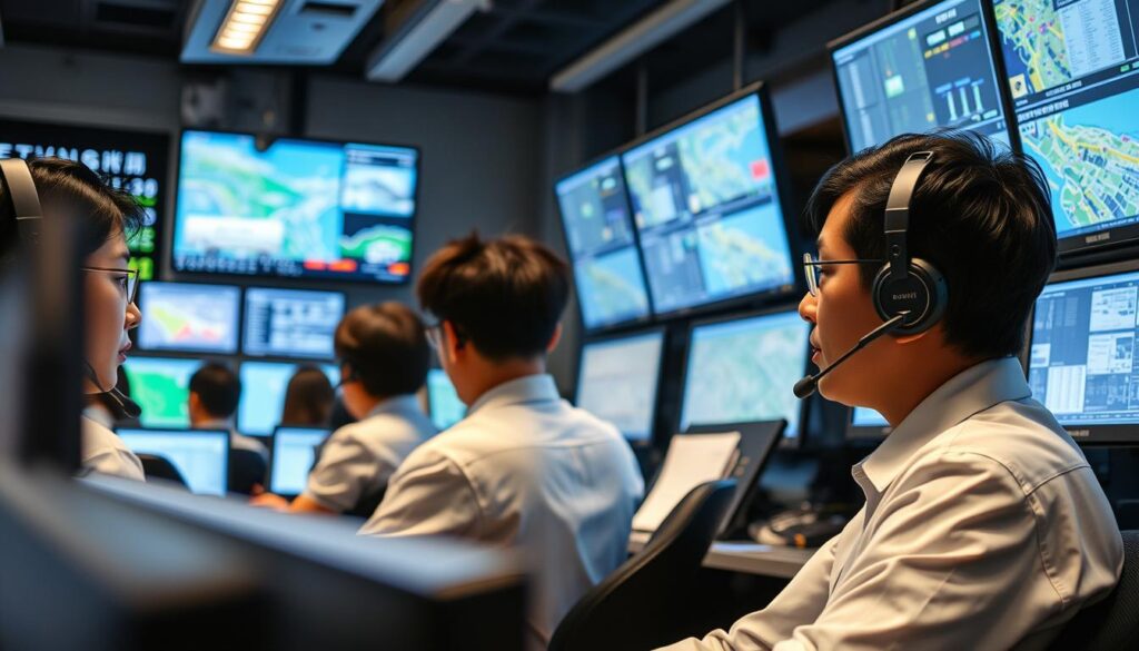 A busy transportation hub, with a team of young, efficient Japanese-looking dispatchers managing the flow of vehicles and operations. Bright lighting illuminates the control center, where multiple screens display real-time data and maps. Dispatchers communicate via headsets, coordinating drivers, monitoring traffic, and making quick decisions to ensure smooth and timely deliveries. The atmosphere is one of focused professionalism, with a sense of urgency and precision as they oversee the complex logistics of the transportation network.